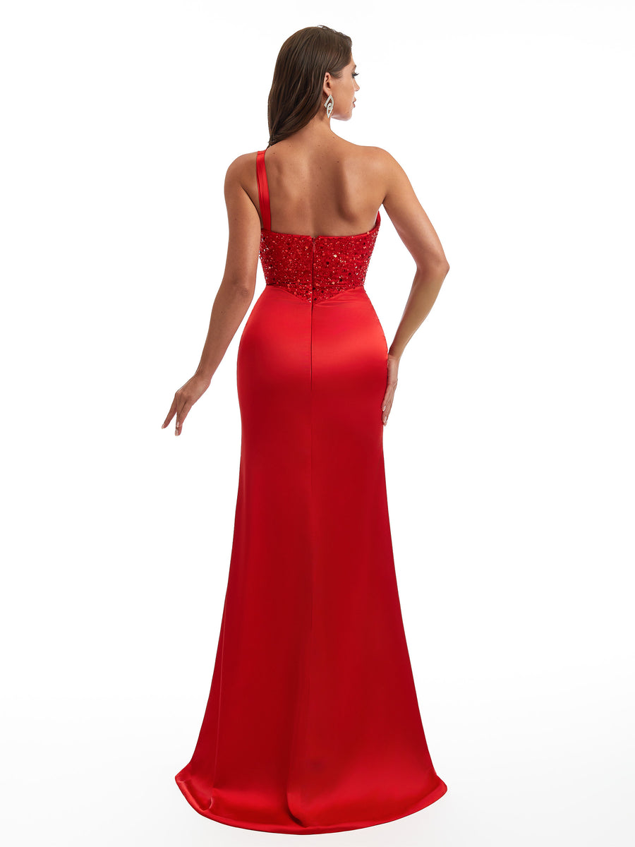 Sexy One Shoulder Side Slit Mermaid Satin Ruched Unique Long Bridesmaid Dresses