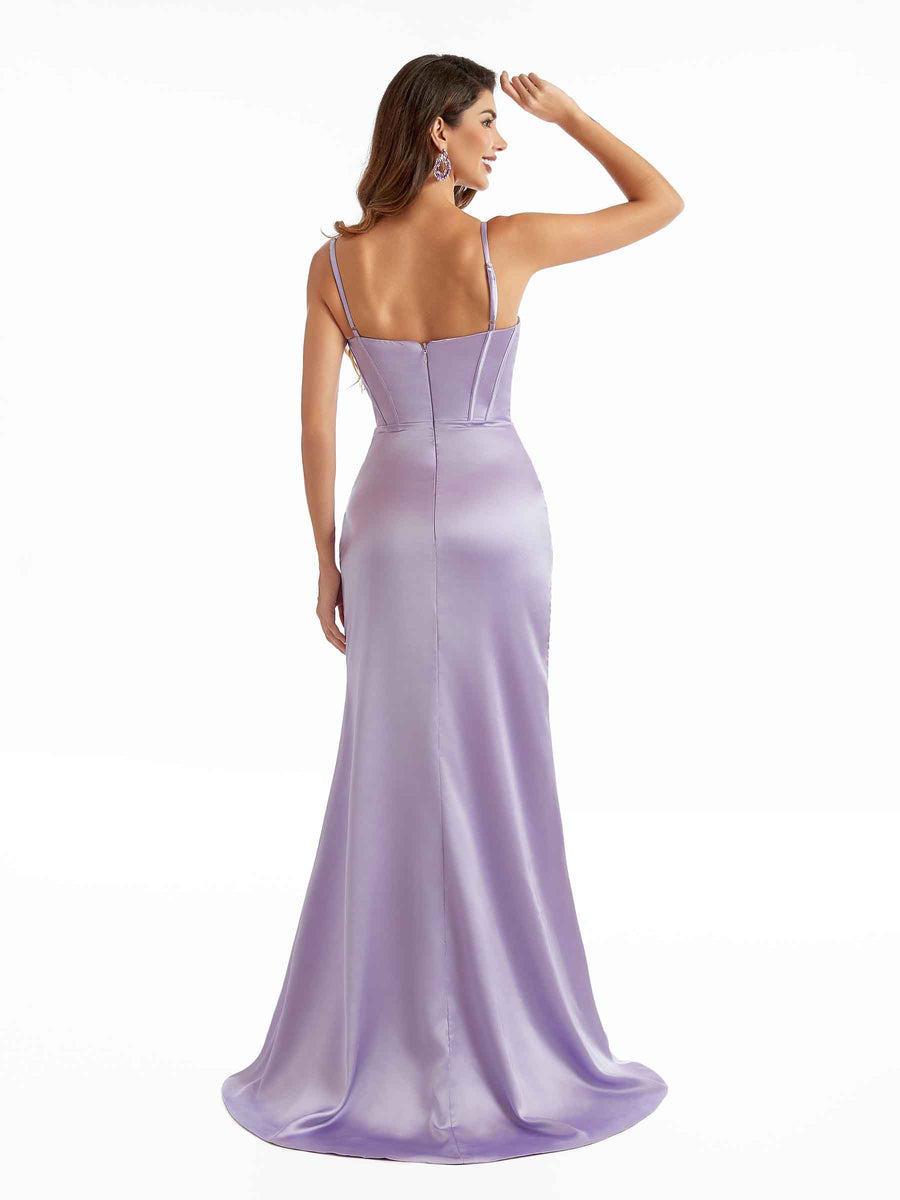 Sexy Side Split Mermaid Silky Satin Long Bridesmaid Dresses Online Spaghetti Straps