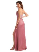 Sexy Side Slit Mermaid Lace Silky Satin Long Wedding Day Guest Dresses