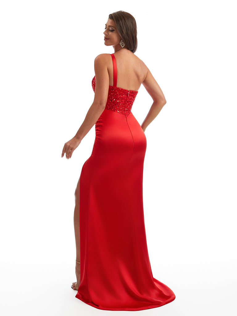 Sexy One Shoulder Side Slit Mermaid Satin Ruched Unique Long Bridesmaid Dresses