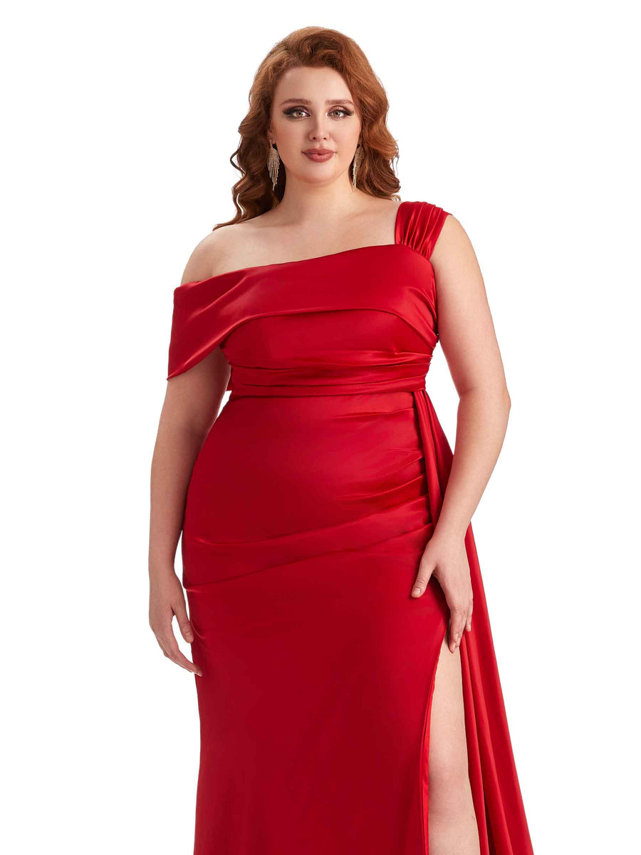Plus Size Sexy Side Slit One Shoulder Mermaid Soft Satin Long Matron of Honor Dresses