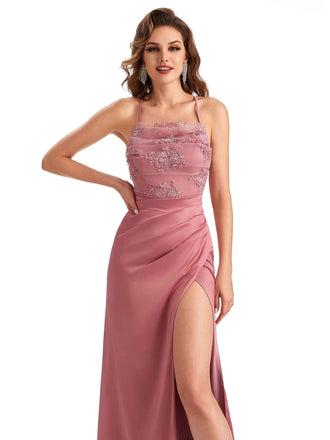 Sexy Side Slit Mermaid Lace Silky Satin Long Wedding Day Guest Dresses