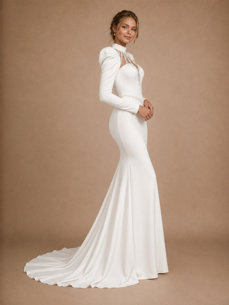 ChicSew Modern Classy High Neck Long Puff Sleeves Beaded Satin Mermaid Wedding Dresses