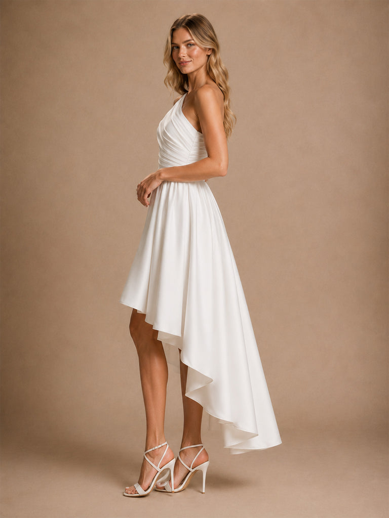 ChicSew Classy One Shoulder A-Line High-Low Ruched Satin Wedding Dresses
