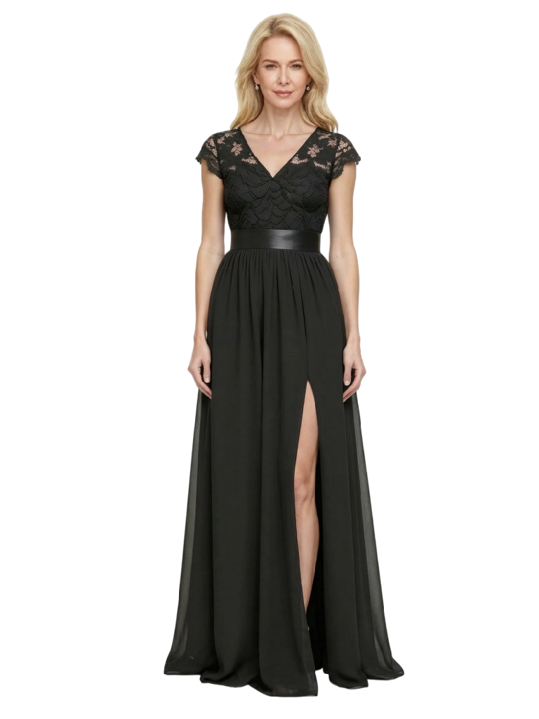 Elegant Cap Sleeves V-Neck Lace Chiffon A-line Mother of The Bride Dresses