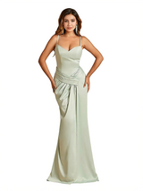 Elegant Spaghetti Straps V-Neck Mermaid Soft Satin Long Evening Gowns For Women