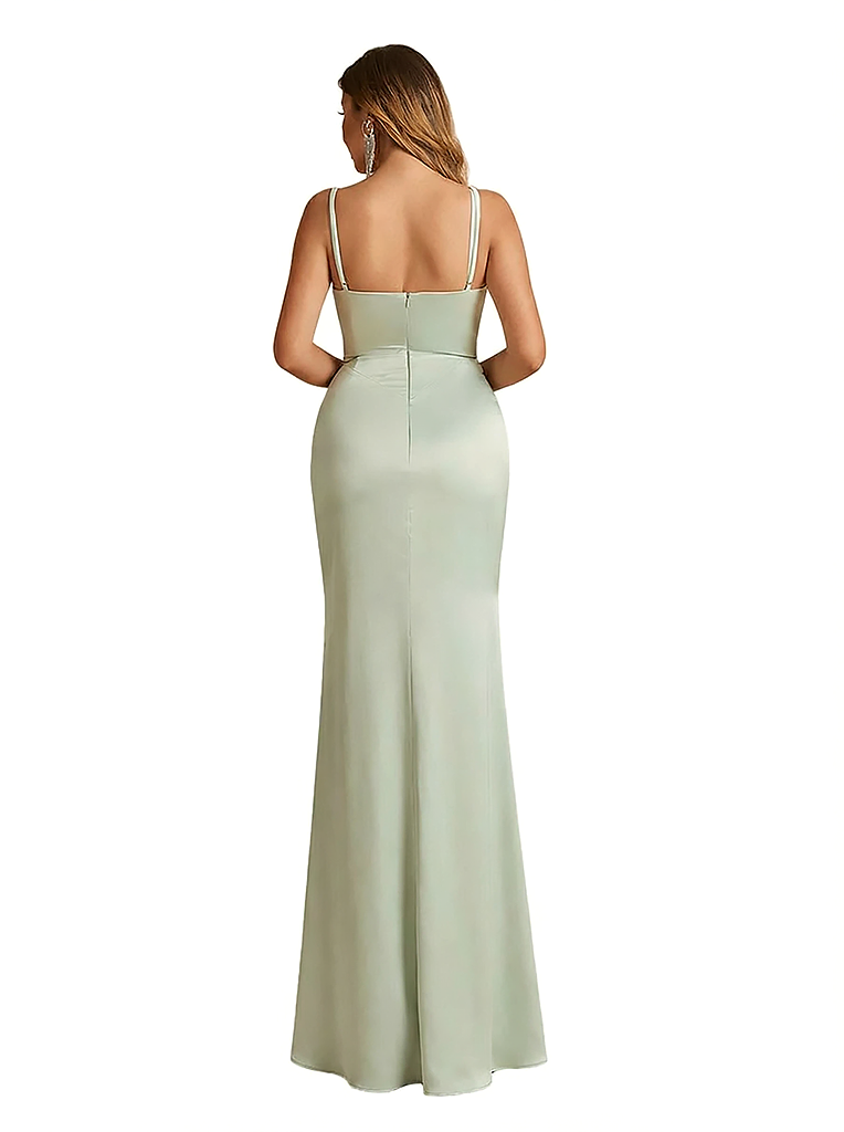 Elegant Spaghetti Straps V-Neck Mermaid Soft Satin Long Evening Gowns For Women