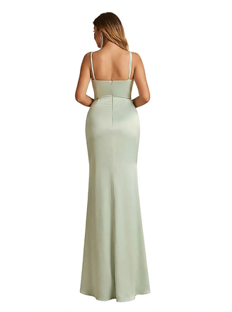 Elegant Spaghetti Straps V-Neck Mermaid Soft Satin Long Evening Gowns For Women