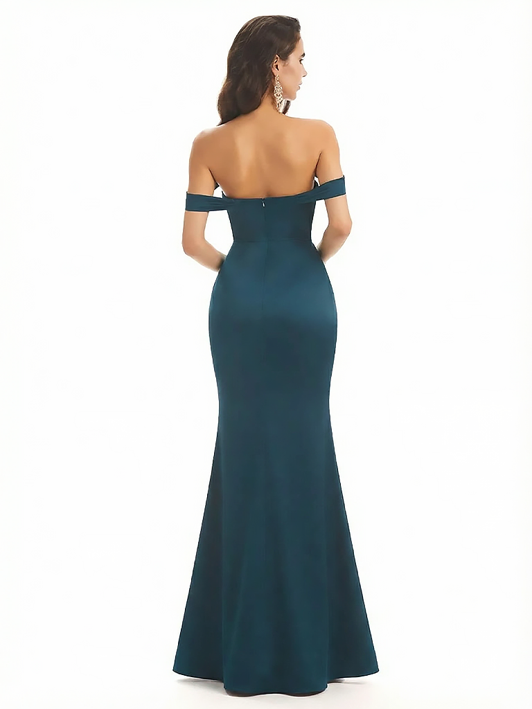Sexy Off The Shoulder Mermaid Ruched Silky Satin Long Evening Dresses For Wedding