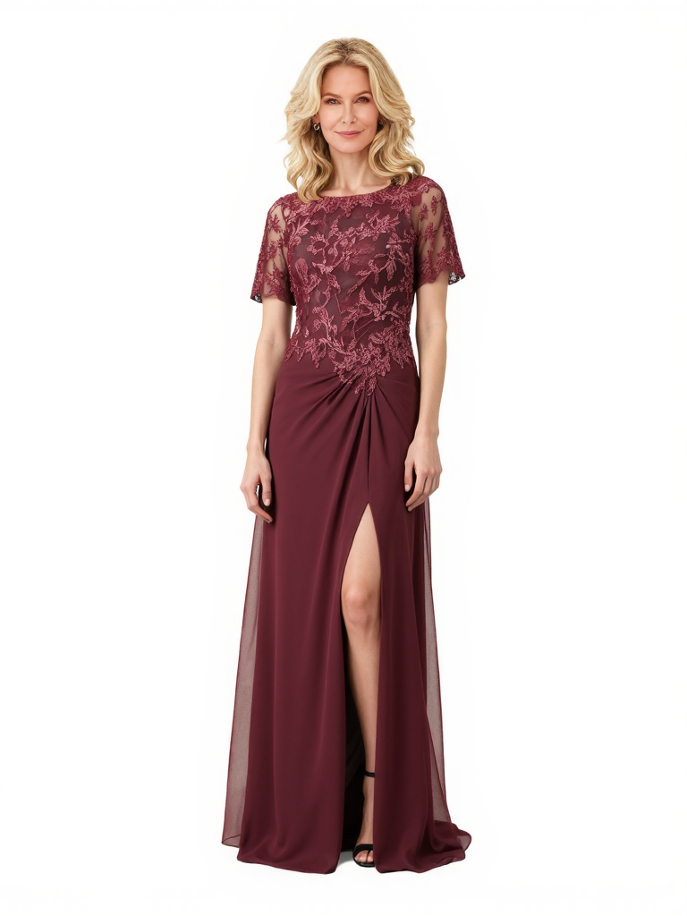 Elegant Side Slit A-Line Lace Applique Short Sleeves Chiffon Long Mother Of The Bride Dresses