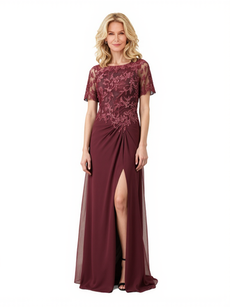 Elegant Side Slit A-Line Lace Applique Short Sleeves Chiffon Long Mother Of The Bride Dresses