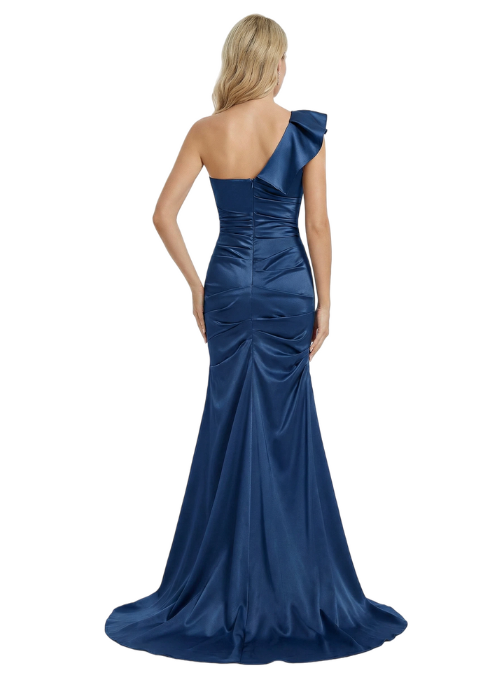 Mother of The Groom Gown One Shoulder Sleeveless Ruffled Satin Mermaid Floor Length Modern Formal Bride Mother Wear