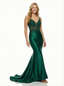 Sexy V-Neck Satin Mermaid Prom Dress Spaghetti Strap Lace Bodice Backless Formal Gown