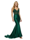 Sexy V-Neck Satin Mermaid Prom Dress Spaghetti Strap Lace Bodice Backless Formal Gown