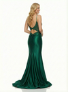 Sexy V-Neck Satin Mermaid Prom Dress Spaghetti Strap Lace Bodice Backless Formal Gown