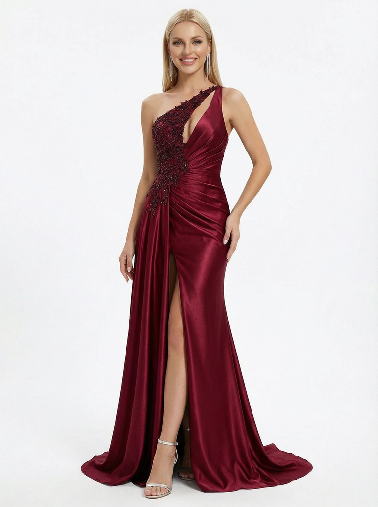 Unique One Shoulder Satin Prom Dress Ruched High Slit Sleeveless Sexy Formal Party Gown