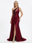 Unique One Shoulder Satin Prom Dress Ruched High Slit Sleeveless Sexy Formal Party Gown
