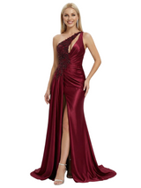 ChicSew Sexy One Shoulder Prom Gown Lace Satin Ruched Bodice High Slit Mermaid Long Formal Evening Gowns