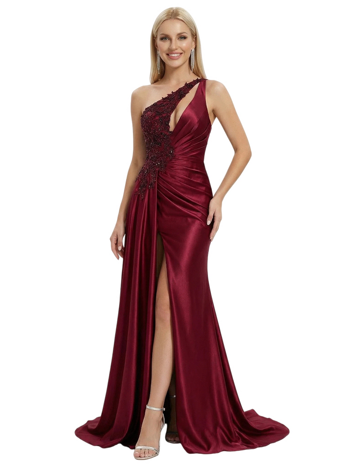 ChicSew Sexy One Shoulder Prom Gown Lace Satin Ruched Bodice High Slit Mermaid Long Formal Evening Gowns