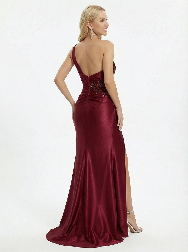 Unique One Shoulder Satin Prom Dress Ruched High Slit Sleeveless Sexy Formal Party Gown