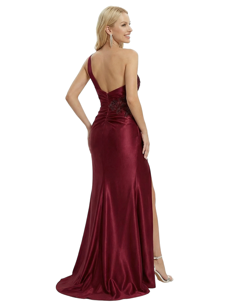 ChicSew Sexy One Shoulder Prom Gown Lace Satin Ruched Bodice High Slit Mermaid Long Formal Evening Gowns