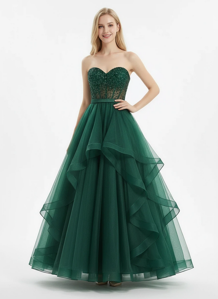 Stunning Sweetheart Ball Gown Prom Dress Beaded Bodice Tiered Tulle Formal Evening Gown