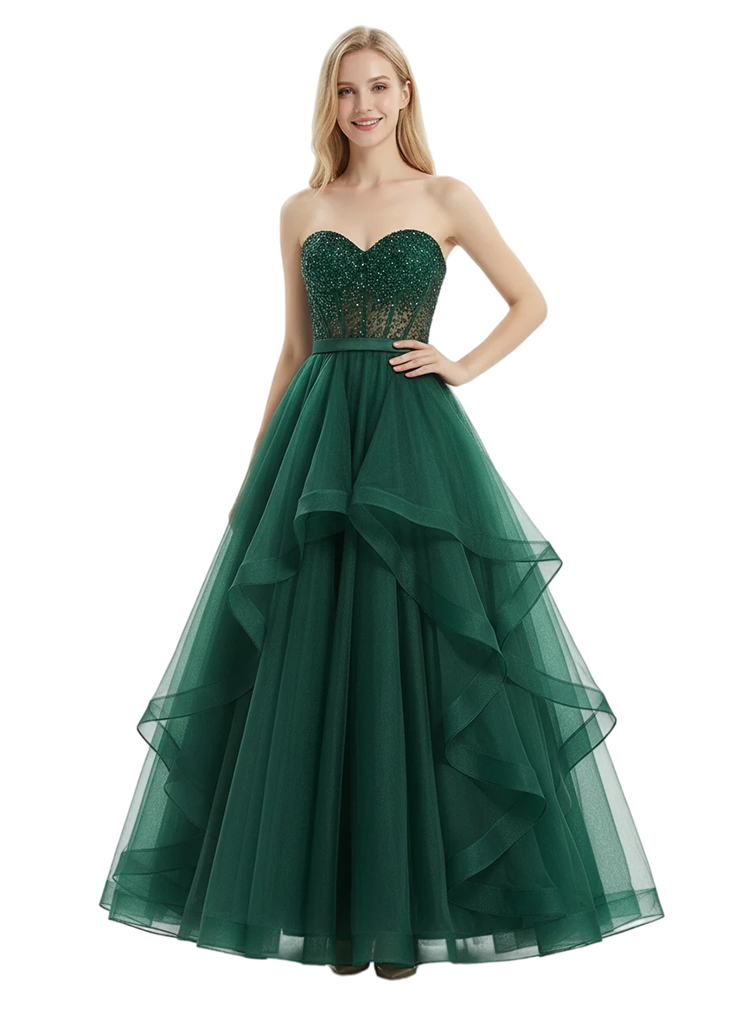 Stunning Sweetheart Ball Gown Prom Dress Beaded Bodice Tiered Tulle Formal Evening Gown