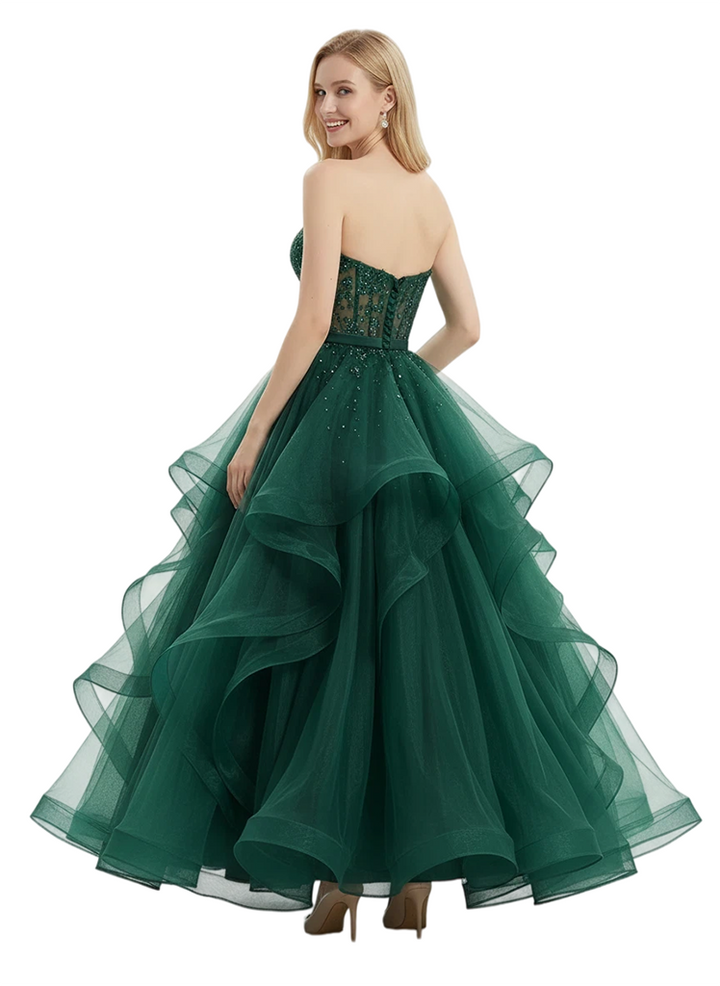 Stunning Sweetheart Ball Gown Prom Dress Beaded Bodice Tiered Tulle Formal Evening Gown