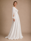 ChicSew Modern V-Neck Long Sleeves Satin A-Line Ruching Long Wedding Dress