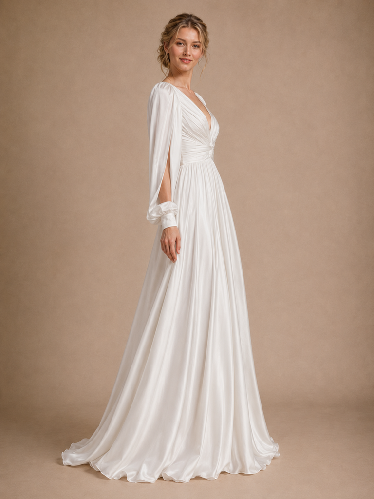 ChicSew Modern V-Neck Long Sleeves Satin A-Line Ruching Long Wedding Dress