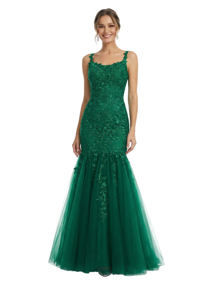 ChicSew Elegant Square Neck Prom Dress Lace Tulle Fabric Mermaid Long Formal Evening Gown