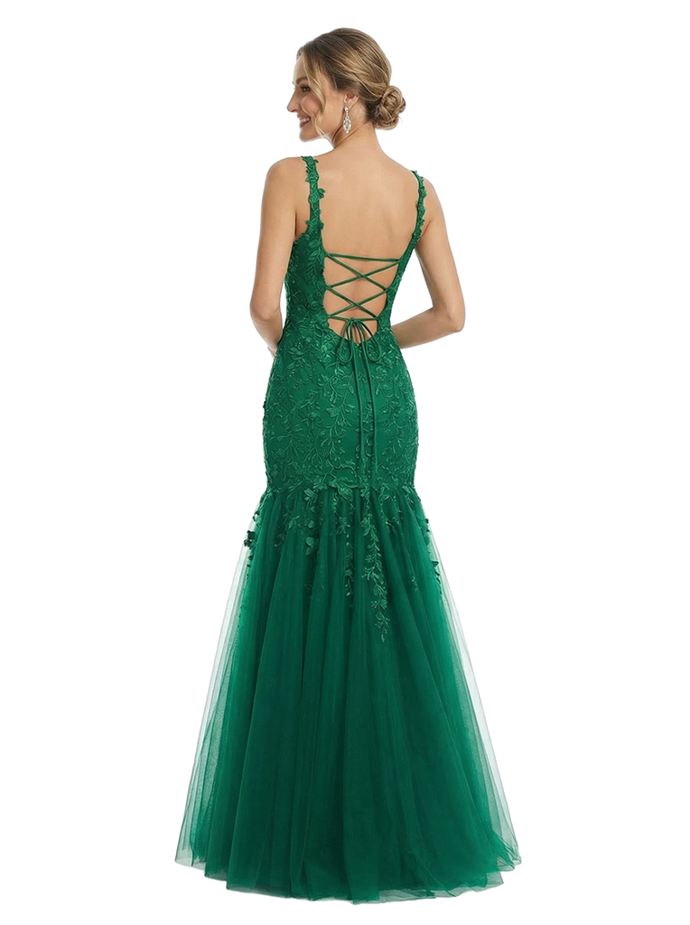 ChicSew Elegant Square Neck Prom Dress Lace Tulle Fabric Mermaid Long Formal Evening Gown
