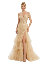 ChicSew Classy Off The Shoulder Prom Dress Lace Applique Tiered Tulle Mermaid Lace Long Formal Dresses