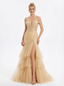 Modern Off-the-Shoulder Mermaid Prom Dress High Slit Tiered Tulle Sexy Evening Gown