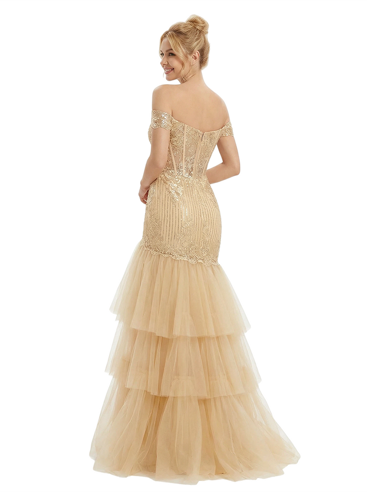ChicSew Classy Off The Shoulder Prom Dress Lace Applique Tiered Tulle Mermaid Lace Long Formal Dresses