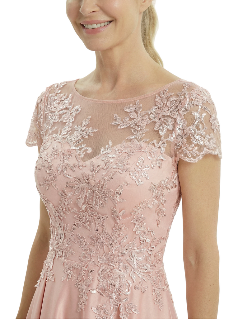 Chicsew Elegant Mother of The Bride Dress Scoop Short Sleeve Lace Satin High-Low A-Line Gown