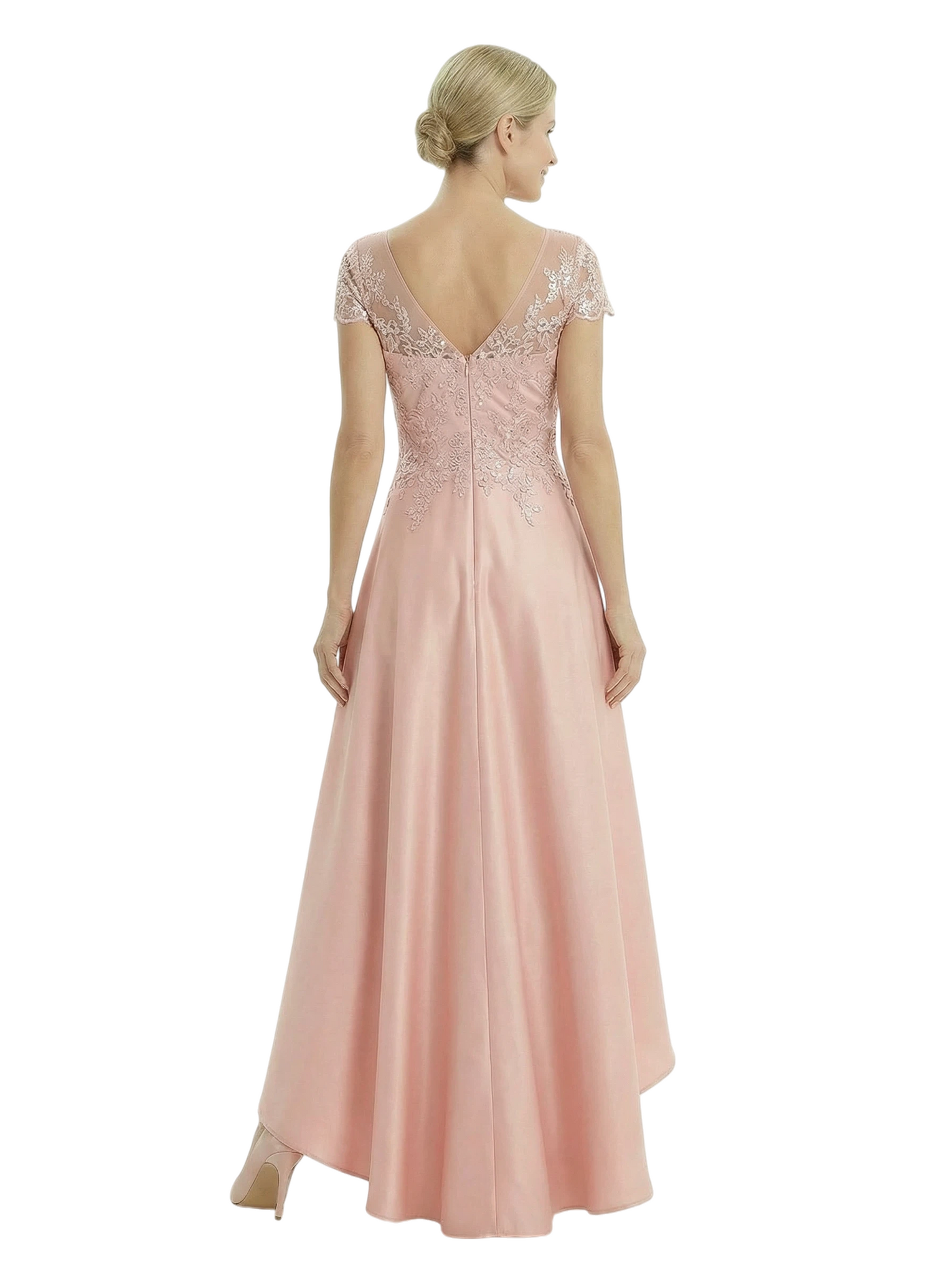 Chicsew Elegant Mother of The Bride Dress Scoop Short Sleeve Lace Satin High-Low A-Line Gown