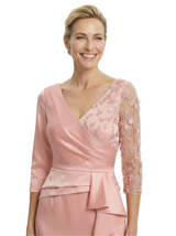 Chicsew Fancy Mother of The Bride Dress V-Neck Lace 3/4 Sleeve Mermaid Floor Length Satin Ruffled Formal Gown
