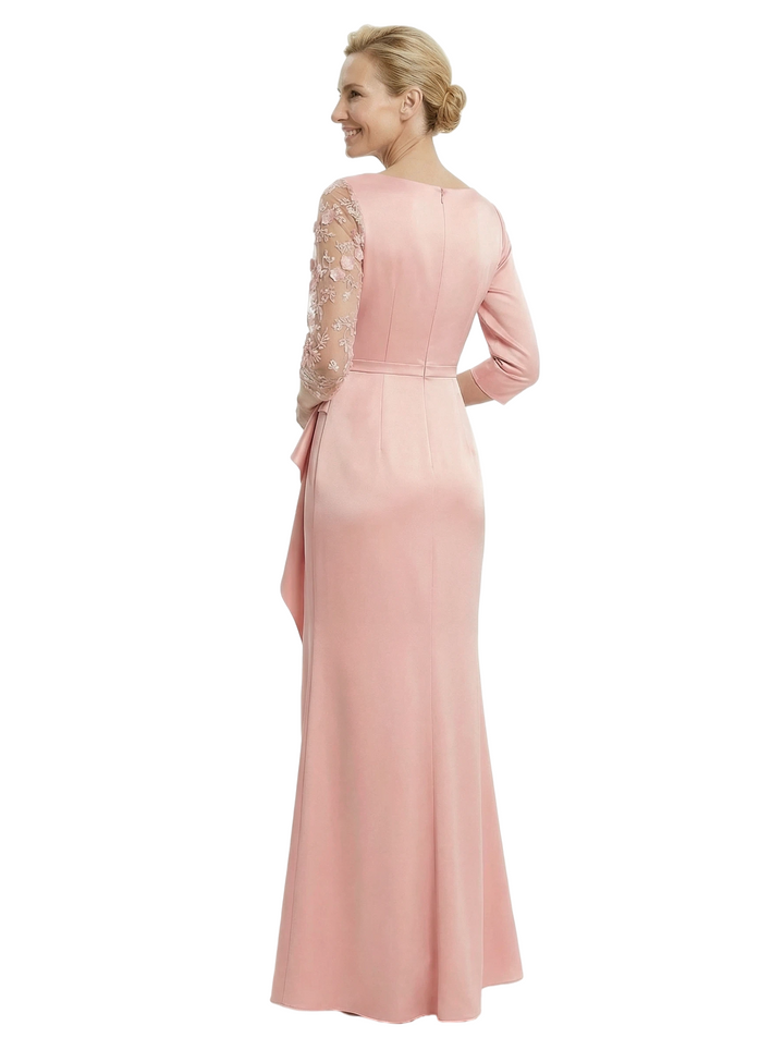 Chicsew Fancy Mother of The Bride Dress V-Neck Lace 3/4 Sleeve Mermaid Floor Length Satin Ruffled Formal Gown