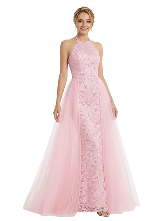 ChicSew Pretty Halter Neck Prom Gown Lace Tulle Fabric A-Line Maxi Formal Evening Gown OverSkirt