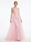 Elegant Halter Neck Lace Prom Dress Sleeveless Tulle Floor Length Evening Gown OverSkirt
