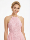 Elegant Halter Neck Lace Prom Dress Sleeveless Tulle Floor Length Evening Gown OverSkirt