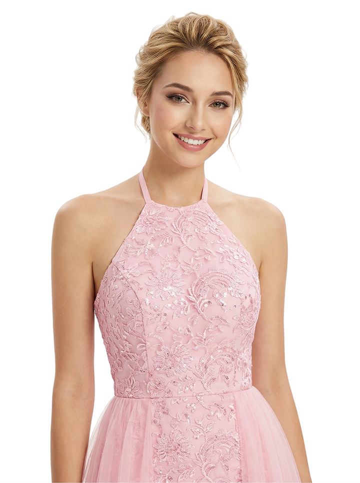ChicSew Pretty Halter Neck Prom Gown Lace Tulle Fabric A-Line Maxi Formal Evening Gown OverSkirt