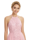 ChicSew Pretty Halter Neck Prom Gown Lace Tulle Fabric A-Line Maxi Formal Evening Gown OverSkirt