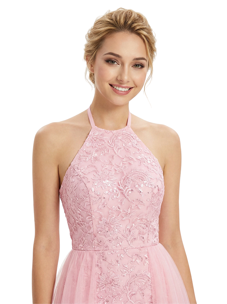 ChicSew Pretty Halter Neck Prom Gown Lace Tulle Fabric A-Line Maxi Formal Evening Gown OverSkirt