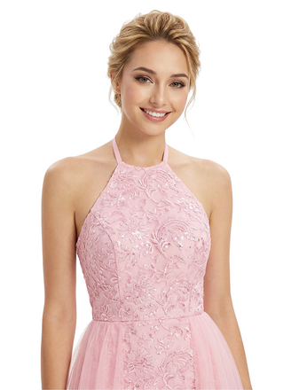 ChicSew Pretty Halter Neck Prom Gown Lace Tulle Fabric A-Line Maxi Formal Evening Gown OverSkirt