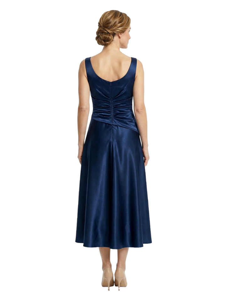 Mother of The Bride Dress Square Ruched Satin Tea-Length A-Line Gown Classic Formal Bride Mother Wear