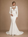 ChicSew Modern Classy High Neck Long Puff Sleeves Beaded Satin Mermaid Wedding Dresses
