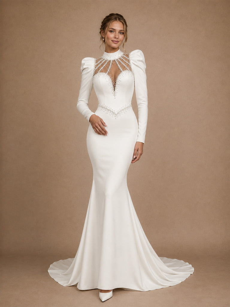 ChicSew Modern Classy High Neck Long Puff Sleeves Beaded Satin Mermaid Wedding Dresses