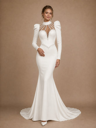 ChicSew Modern Classy High Neck Long Puff Sleeves Beaded Satin Mermaid Wedding Dresses
